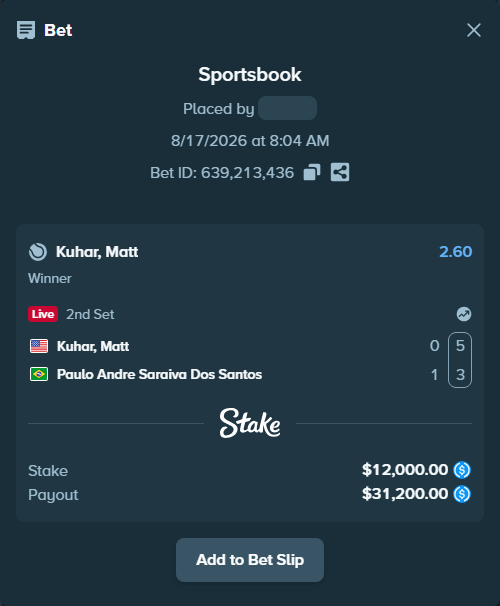 Bet slip: Kuhar, Matt - Paulo Andre Saraiva Dos Santos, $12,000.00 stake at 2.60 odds, placed by kuwkuw