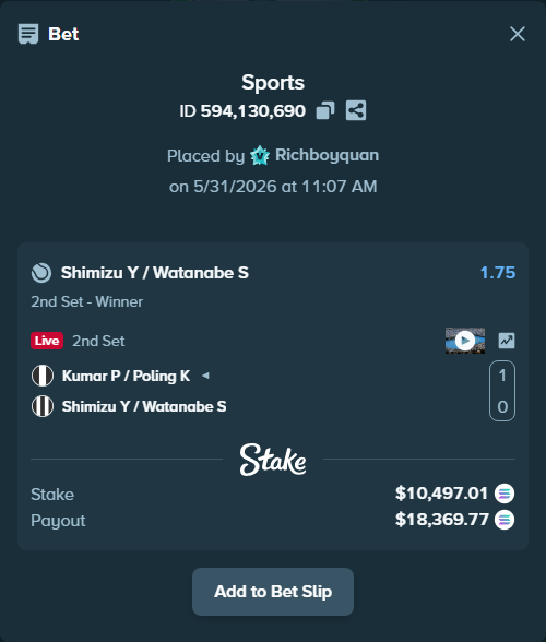 Bet slip: Kumar P / Poling K - Shimizu Y / Watanabe S, $9,293.26 stake at 1.75 odds, placed by Richboyquan