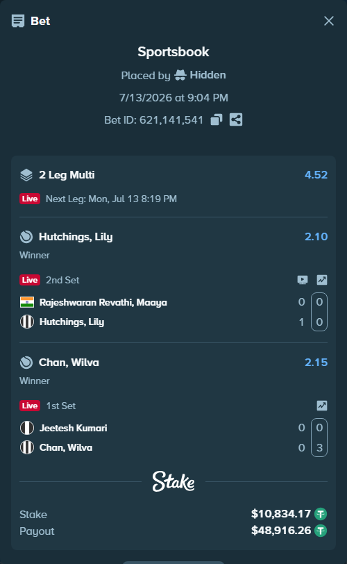Bet slip: Kumari, Jeetesh - Chan, Wilva, $10,845.00 stake at 2.15 odds, placed by Hidden