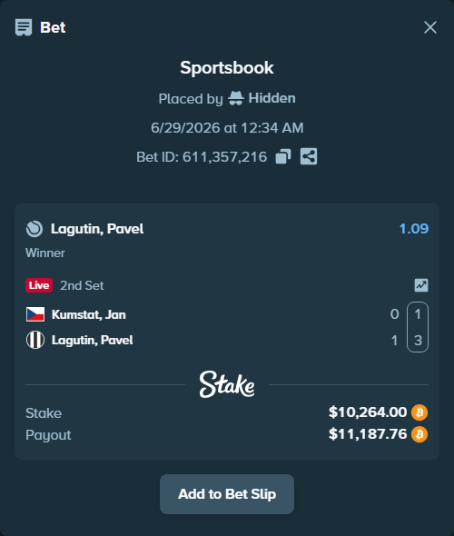 Bet slip: Kumstat, Jan - Lagutin, Pavel, $10,694.91 stake at 1.09 odds, placed by Hidden
