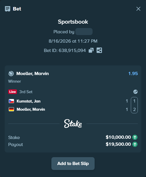 Bet slip: Kumstat, Jan - Moeller, Marvin, $10,010.00 stake at 1.95 odds, placed by privetmedvet15