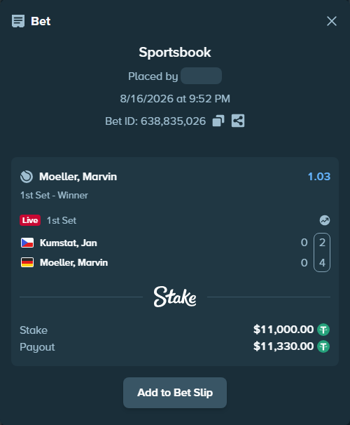 Bet slip: Kumstat, Jan - Moeller, Marvin, $11,011.00 stake at 1.03 odds, placed by privetmedvet15