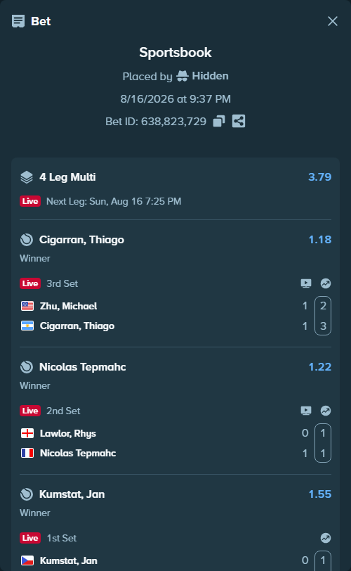 Bet slip: Kumstat, Jan - Moeller, Marvin, $15,000.00 stake at 1.55 odds, placed by Hidden