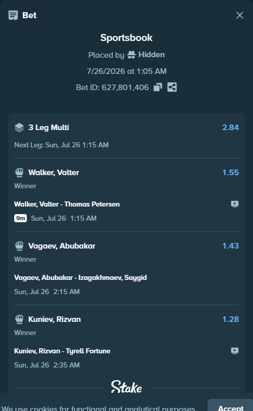 Bet slip: Kuniev, Rizvan - Tyrell Fortune, $10,000.00 stake at 1.28 odds, placed by Hidden