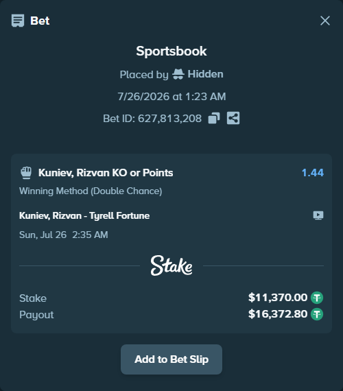 Bet slip: Kuniev, Rizvan - Tyrell Fortune, $11,370.00 stake at 1.44 odds, placed by Hidden
