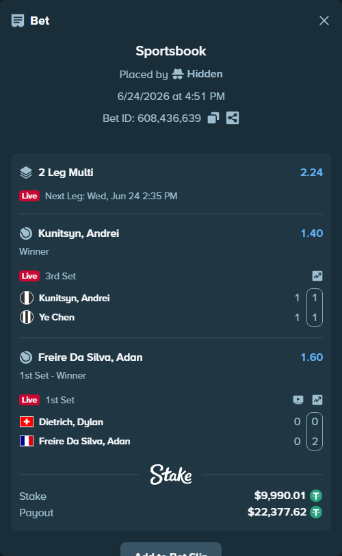 Bet slip: Kunitsyn, Andrei - Chen, Ye, $10,000.00 stake at 1.40 odds, placed by Hidden