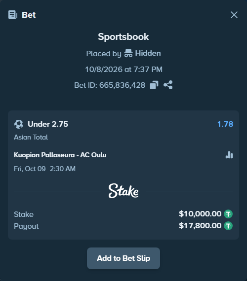 Bet slip: Kuopion Palloseura - AC Oulu, $10,000.00 stake at 1.78 odds, placed by Hidden