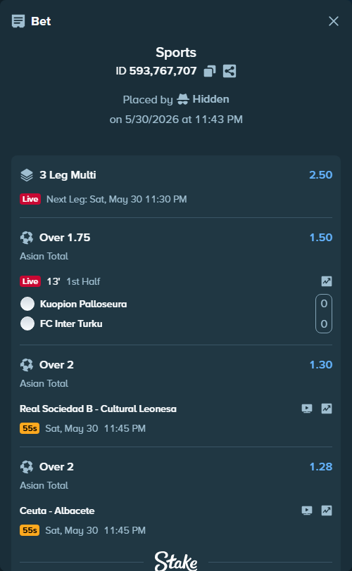 Bet slip: Kuopion Palloseura - FC Inter Turku, $10,010.00 stake at 1.50 odds, placed by Hidden
