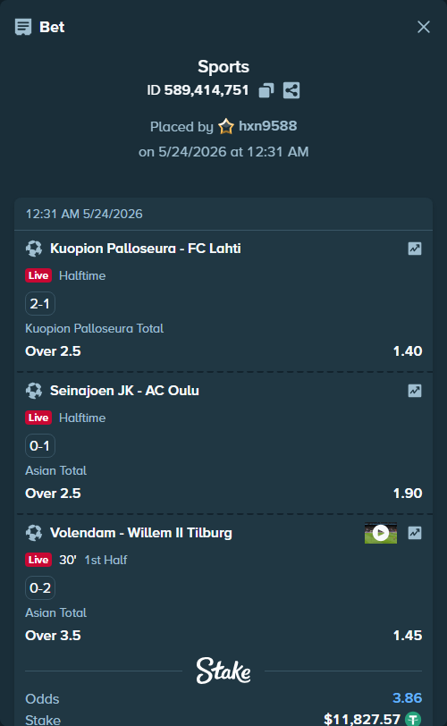 Bet slip: Kuopion Palloseura - FC Lahti, $11,839.40 stake at 1.40 odds, placed by hxn9588