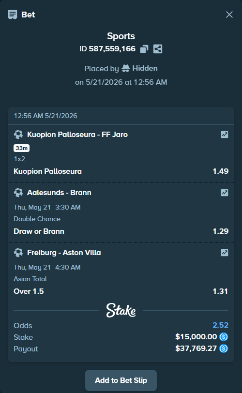 Bet slip: Kuopion Palloseura - FF Jaro, $15,000.00 stake at 1.49 odds, placed by Hidden