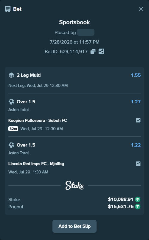 Bet slip: Kuopion Palloseura - Sabah Masazir, $10,099.00 stake at 1.27 odds, placed by SH7N28
