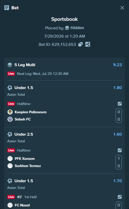 Bet slip: Kuopion Palloseura - Sabah Masazir, $18,902.53 stake at 1.80 odds, placed by Hidden