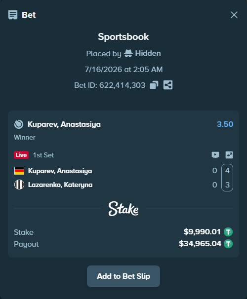 Bet slip: Kuparev, Anastasiya - Lazarenko, Kateryna, $10,000.00 stake at 3.50 odds, placed by Hidden