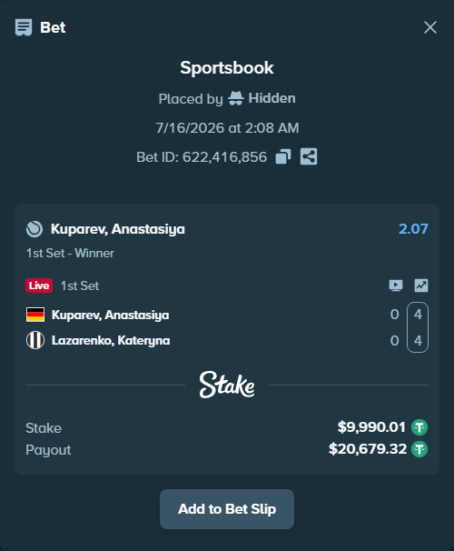 Bet slip: Kuparev, Anastasiya - Lazarenko, Kateryna, $10,000.00 stake at 2.07 odds, placed by Hidden