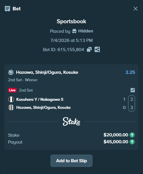 Bet slip: Kusuhara Y / Nakagawa S - Hazawa, Shinji/Ogura, Kosuke, $20,020.00 stake at 2.25 odds, placed by Hidden