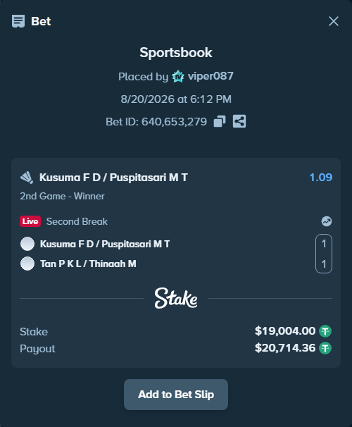 Bet slip: Kusuma F D / Puspitasari M T - Tan P / Thinaah M, $19,023.00 stake at 1.09 odds, placed by viper087