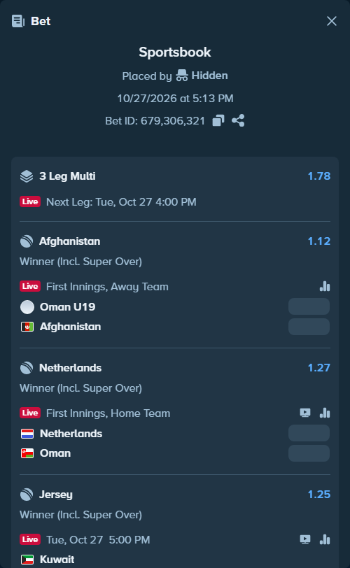 Bet slip: Kuwait - Jersey, $15,876.00 stake at 1.25 odds, placed by Robel345345