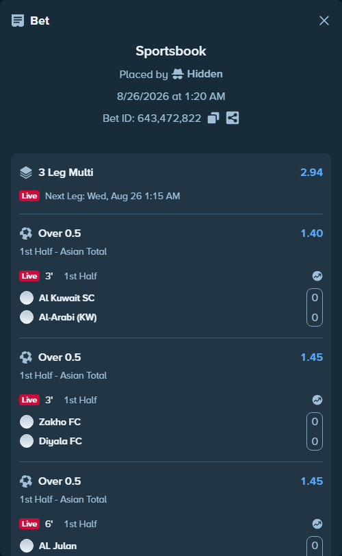 Bet slip: Kuwait SC - Al Arabi, $16,665.08 stake at 1.40 odds, placed by Hidden