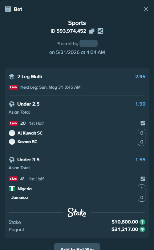Bet slip: Kuwait SC - Kazma SC, $10,610.60 stake at 1.90 odds, placed by AsTraL11