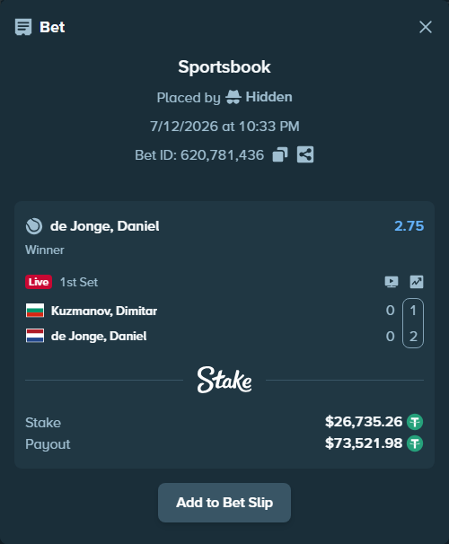 Bet slip: Kuzmanov, Dimitar - de Jonge, Daniel, $26,762.00 stake at 2.75 odds, placed by Hidden