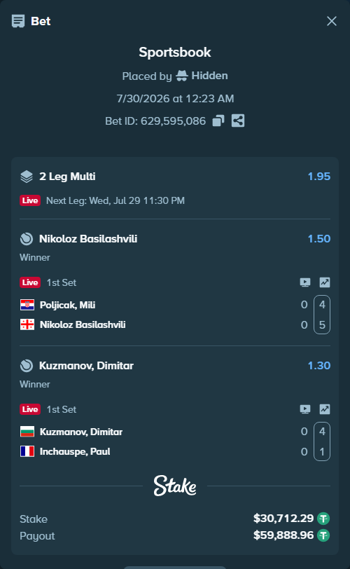 Bet slip: Kuzmanov, Dimitar - Inchauspe, Paul, $30,743.00 stake at 1.30 odds, placed by Hidden