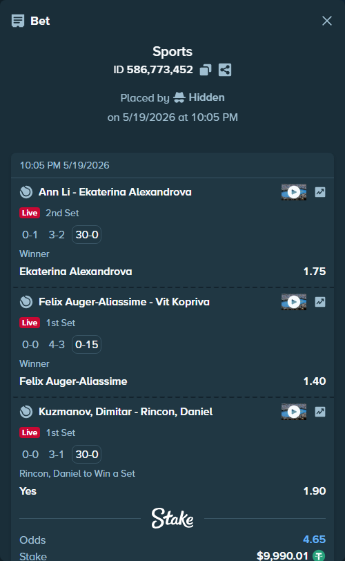 Bet slip: Kuzmanov, Dimitar - Rincon, Daniel, $10,000.00 stake at 1.90 odds, placed by Hidden