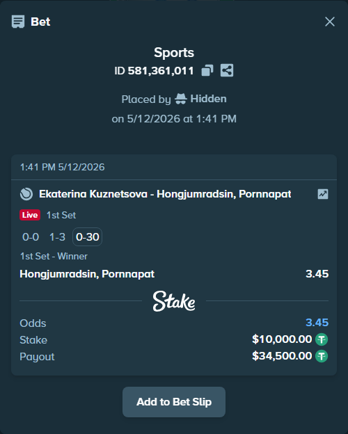 Bet slip: Kuznetsova, Ekaterina - Hongjumradsin, Pornnapat, $10,000.00 stake at 3.45 odds, placed by Hidden