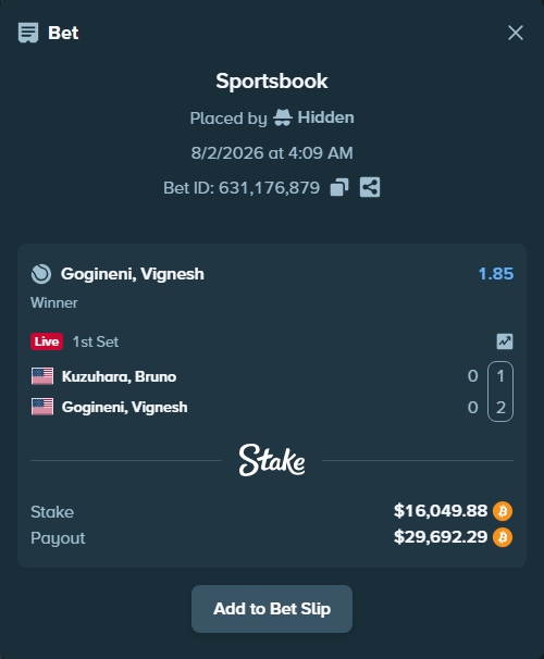 Bet slip: Kuzuhara, Bruno - Gogineni, Vignesh, $16,507.96 stake at 1.85 odds, placed by Hidden