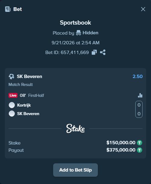 Bet slip: KV Kortrijk - SK Beveren, $150,000.00 stake at 2.50 odds, placed by Hidden