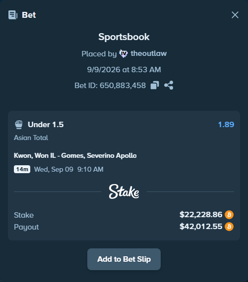 Bet slip: Kwon, Won IL - Gomes, Severino Apollo, $22,304.21 stake at 1.89 odds, placed by theoutlaw