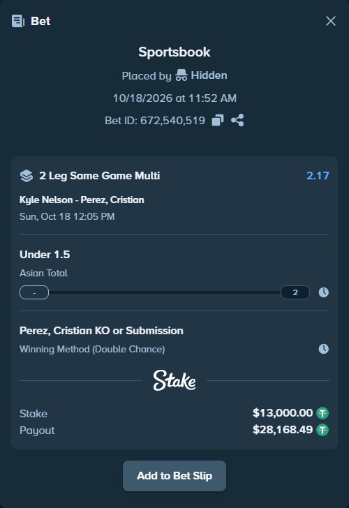Bet slip: Kyle Nelson - Perez, Cristian, $13,013.00 stake at 1.81 odds, placed by 1738839ggga