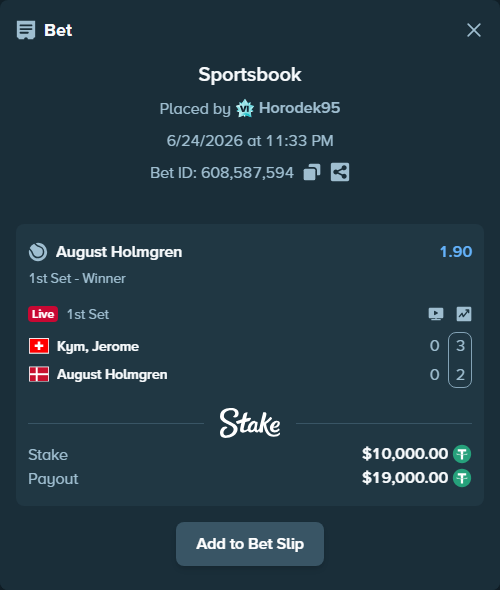 Bet slip: Kym, Jerome - August Holmgren, $10,010.00 stake at 1.90 odds, placed by Horodek95