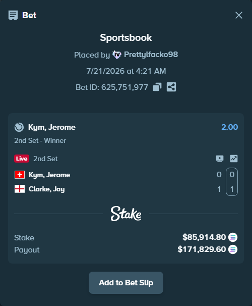 Bet slip: Kym, Jerome - Clarke, Jay, $80,103.19 stake at 2.00 odds, placed by Prettylfacko98
