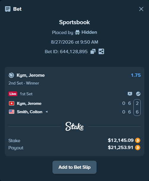Bet slip: Kym, Jerome - Colton Smith, $12,132.38 stake at 1.75 odds, placed by Hidden