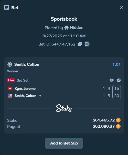 Bet slip: Kym, Jerome - Colton Smith, $61,421.88 stake at 1.01 odds, placed by Hidden