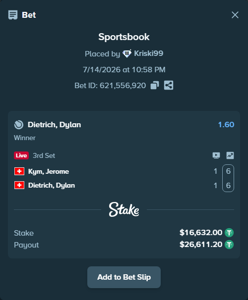 Bet slip: Kym, Jerome - Dietrich, Dylan, $16,648.63 stake at 1.60 odds, placed by Kriski99