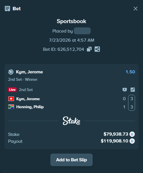 Bet slip: Kym, Jerome - Henning, Philip, $74,879.91 stake at 1.50 odds, placed by Prettylfacko98