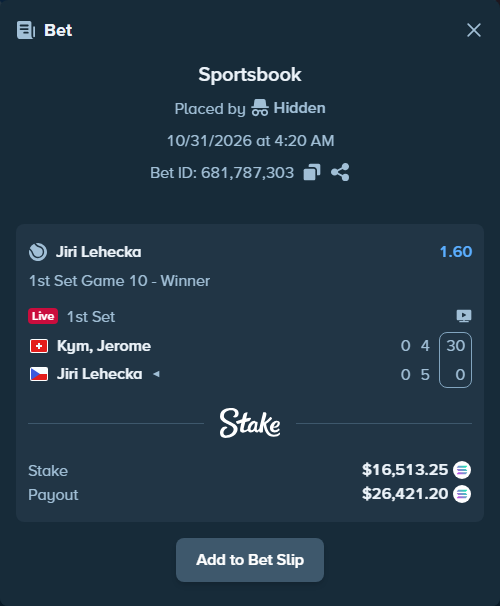 Bet slip: Kym, Jerome - Jiri Lehecka, $16,373.84 stake at 1.60 odds, placed by Prettylfacko98