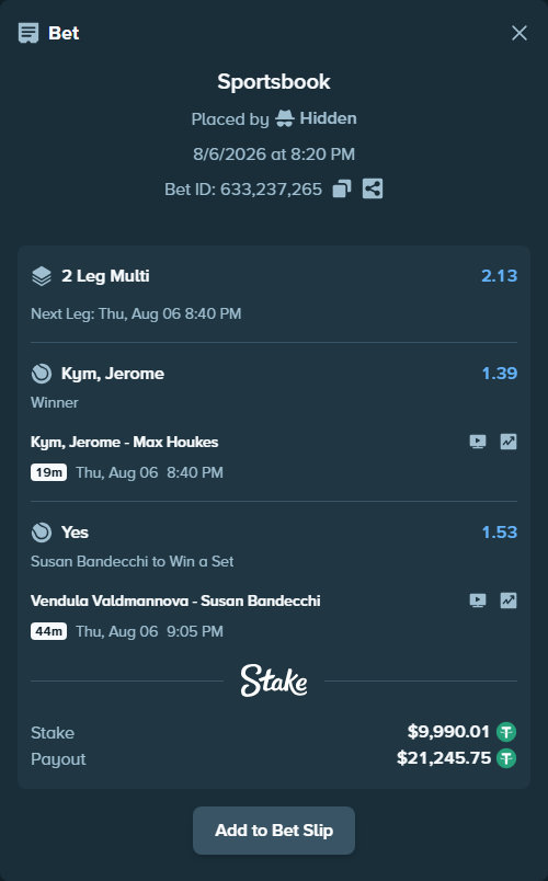 Bet slip: Kym, Jerome - Max Houkes, $10,000.00 stake at 1.39 odds, placed by Hidden