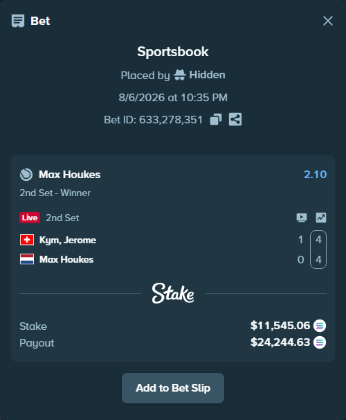 Bet slip: Kym, Jerome - Max Houkes, $11,452.07 stake at 2.10 odds, placed by Hidden