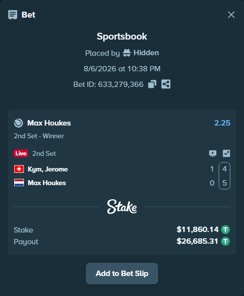 Bet slip: Kym, Jerome - Max Houkes, $11,872.00 stake at 2.25 odds, placed by Hidden