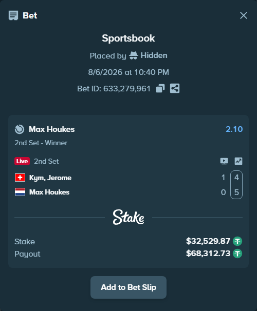 Bet slip: Kym, Jerome - Max Houkes, $32,562.40 stake at 2.10 odds, placed by Hidden