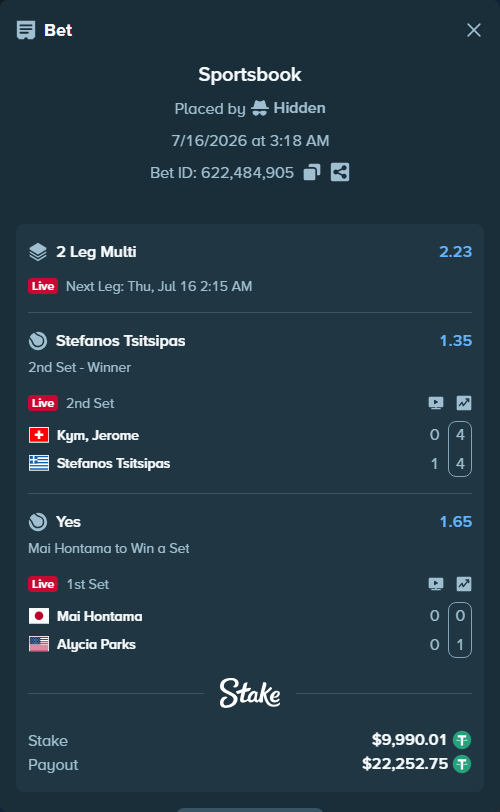 Bet slip: Kym, Jerome - Stefanos Tsitsipas, $10,000.00 stake at 1.35 odds, placed by Hidden