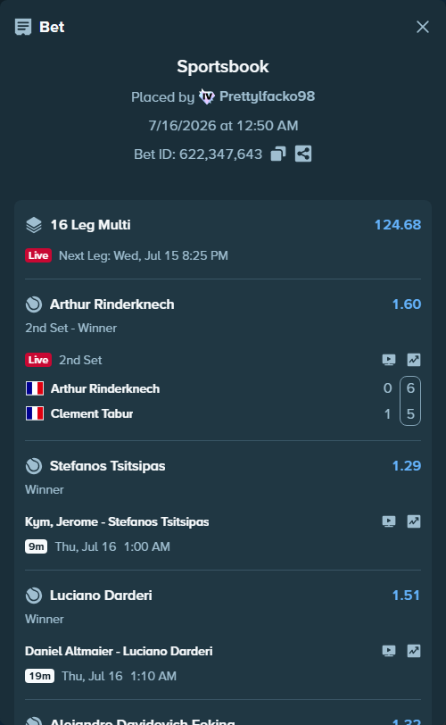 Bet slip: Kym, Jerome - Stefanos Tsitsipas, $9,433.71 stake at 1.29 odds, placed by Prettylfacko98