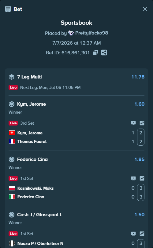 Bet slip: Kym, Jerome - Thomas Faurel, $43,655.39 stake at 1.60 odds, placed by Prettylfacko98