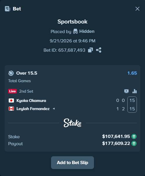 Bet slip: Kyoka Okamura - Leylah Fernandez, $107,641.95 stake at 1.65 odds, placed by Hidden
