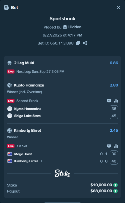 Bet slip: Kyoto Hannaryz - Shiga Lakestars, $10,000.00 stake at 2.80 odds, placed by Hidden