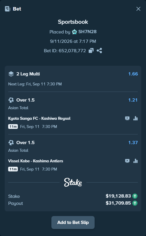 Bet slip: Kyoto Sanga FC - Kashiwa Reysol, $19,125.00 stake at 1.21 odds, placed by SH7N28