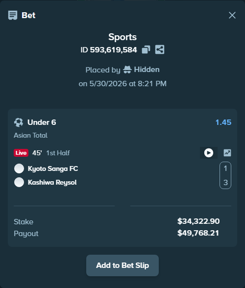 Bet slip: Kyoto Sanga FC - Kashiwa Reysol, $34,322.90 stake at 1.45 odds, placed by OlegStake27