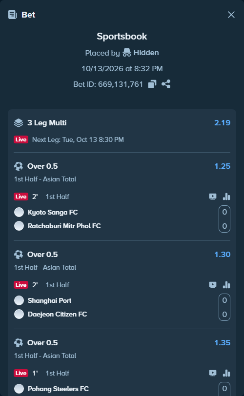 Bet slip: Kyoto Sanga FC - Ratchaburi FC, $58,703.48 stake at 1.25 odds, placed by Hidden
